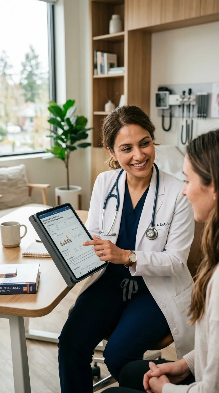 Médico usando iPad para revisar dados